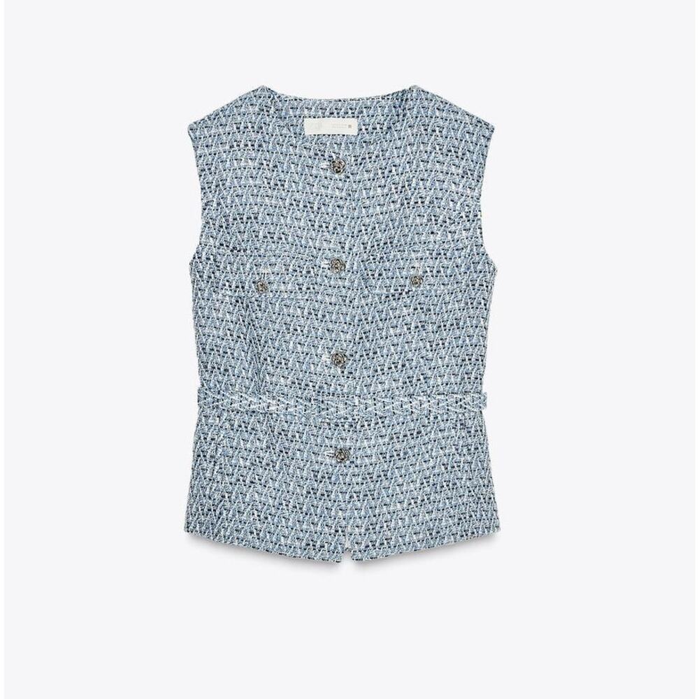 Zara NWT Blue Textured Belted Vest Tweed Waistcoat XL - Picture 15 of 16